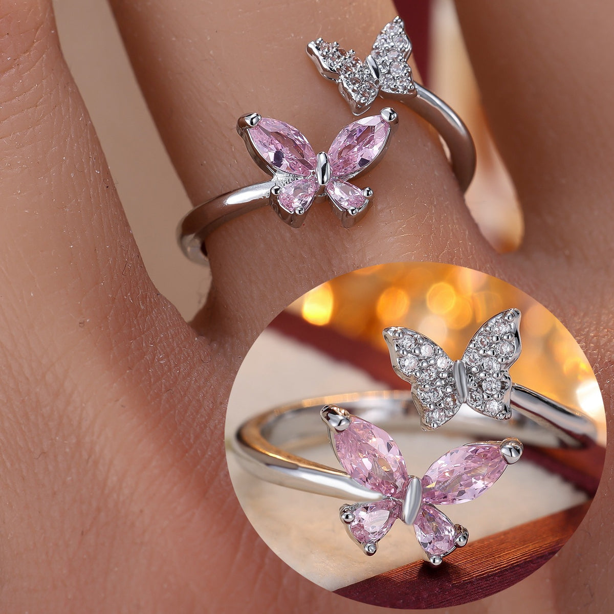 European and American Niche Zircon Double Butterfly Open Ring