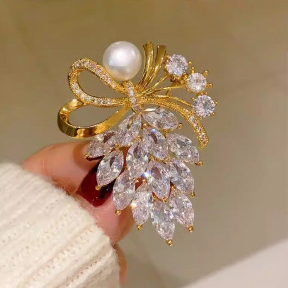 Rhinestone Bow Brooch Korean Style Rhinestone Pearl Light
