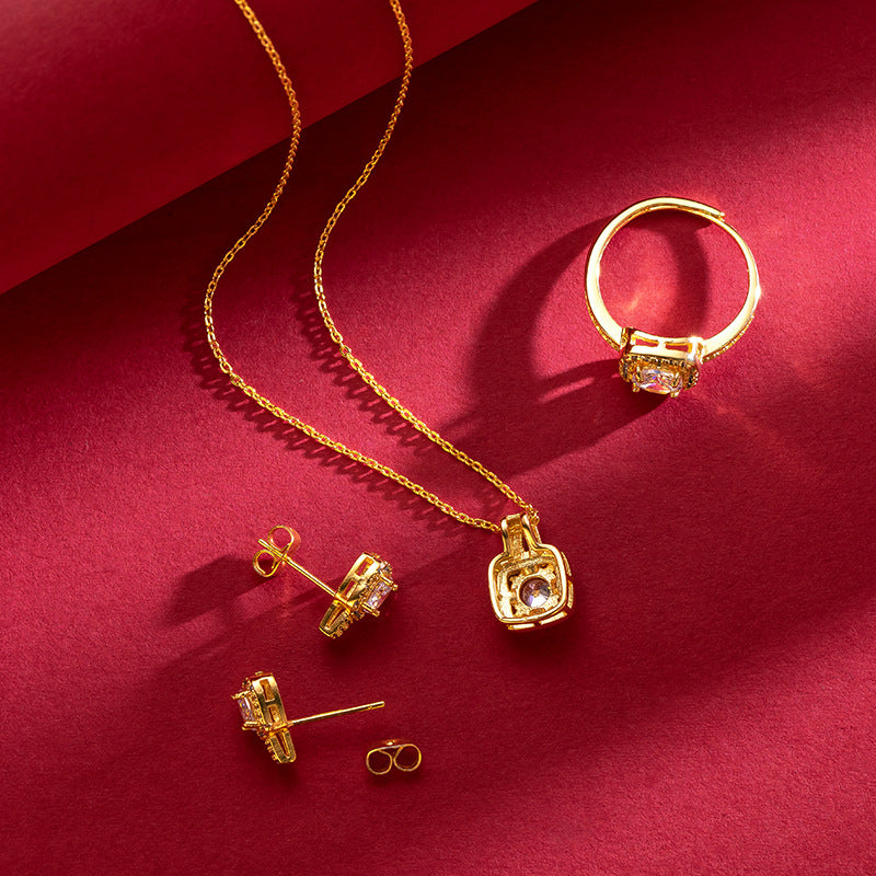 Cross-border Three-piece Set Fashion Micro-inlaid Zircon Set Women's Sand Gold Earrings Ring Necklace